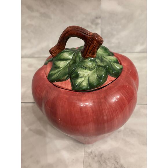 Vintage 1997 Cracker Barrel Red Delicious Apple Ceramic Cookie Jar Green Leaves - Picture 2 of 8